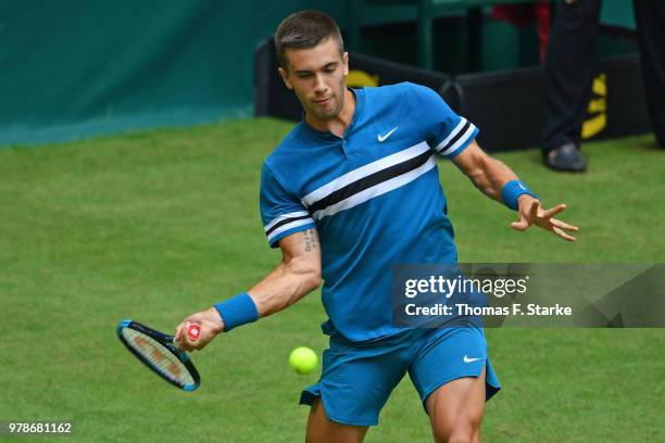 Borna Coric of Croatia plays a forehand in his match against Alexander Zverev of Germany during day two of the Gerry Weber Open at Gerry Weber...