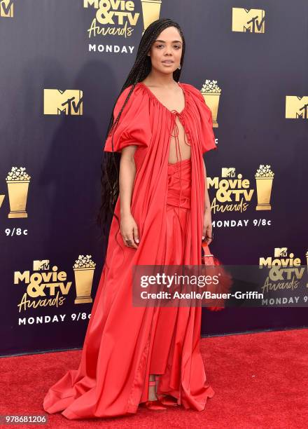 Actress Tessa Thompson attends the 2018 MTV Movie And TV Awards at Barker Hangar on June 16, 2018 in Santa Monica, California.