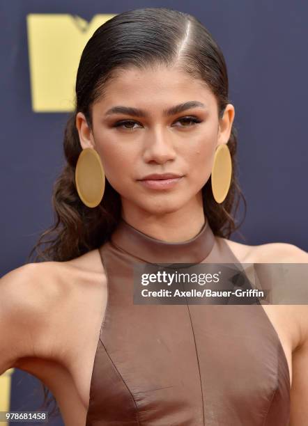 Actress/singer Zendaya attends the 2018 MTV Movie And TV Awards at Barker Hangar on June 16, 2018 in Santa Monica, California.