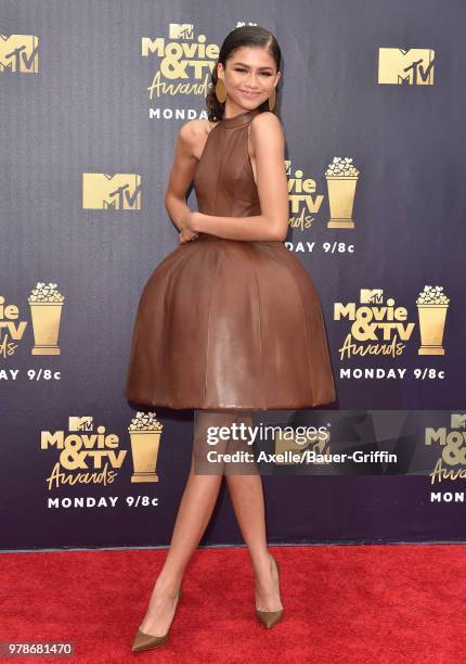 Actress/singer Zendaya attends the 2018 MTV Movie And TV Awards at Barker Hangar on June 16, 2018 in Santa Monica, California.