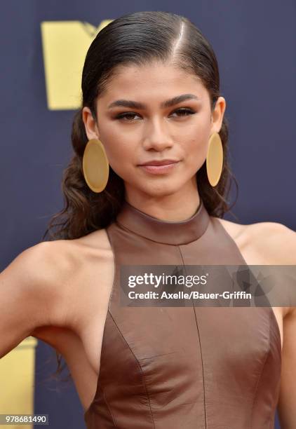 Actress/singer Zendaya attends the 2018 MTV Movie And TV Awards at Barker Hangar on June 16, 2018 in Santa Monica, California.