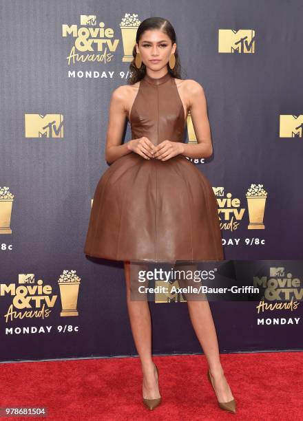 Actress/singer Zendaya attends the 2018 MTV Movie And TV Awards at Barker Hangar on June 16, 2018 in Santa Monica, California.