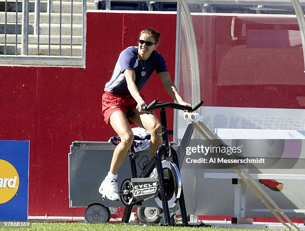 United States forward Brandi Chastain, who is injured, works out during team practice Tuesday, September 30, 2003 at Gillette Stadium, Foxboro,...
