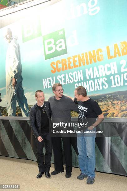 Actor Aaron Paul, writer/producer/director Vince Gilligan, and actor Bryan Cranston appear for the "Breaking Bad" National RV Tour final stop at...