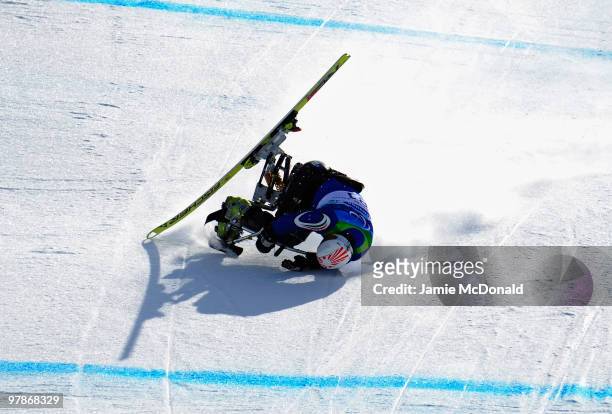 Luca Maraffio of Italy crashes as he competes in the Men's Sitting Super-G during Day 8 of the 2010 Vancouver Winter Paralympics at Whistler...