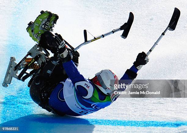 Luca Maraffio of Italy crashes as he competes in the Men's Sitting Super-G during Day 8 of the 2010 Vancouver Winter Paralympics at Whistler...