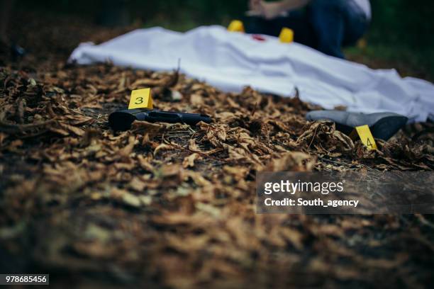 gun at the murder scene - murder body stock pictures, royalty-free photos & images