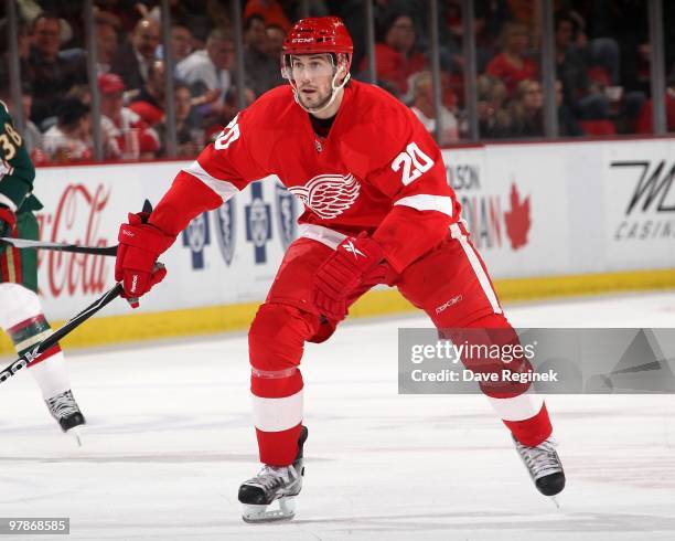 Drew Miller of the Detroit Red Wings skates up ice during an NHL game against the Minnesota Wild at Joe Louis Arena on March 11, 2010 in Detroit,...
