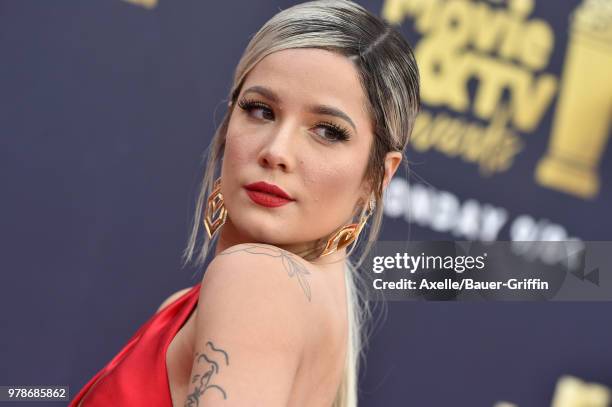 Singer Halsey attends the 2018 MTV Movie And TV Awards at Barker Hangar on June 16, 2018 in Santa Monica, California.