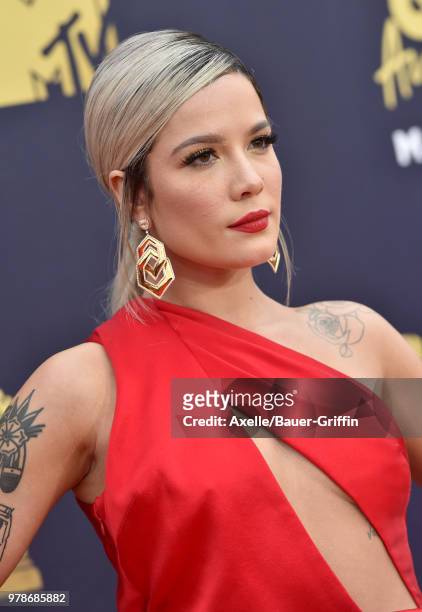 Singer Halsey attends the 2018 MTV Movie And TV Awards at Barker Hangar on June 16, 2018 in Santa Monica, California.