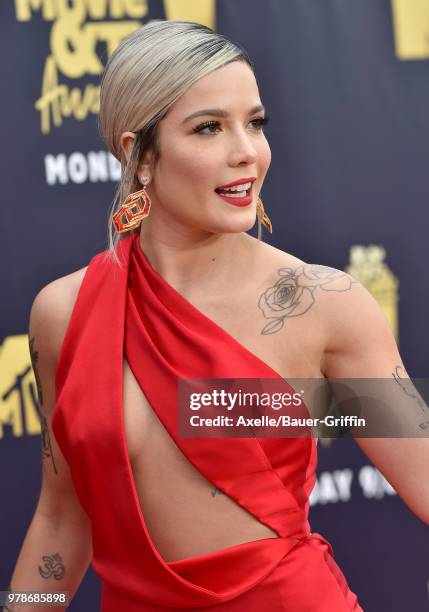 Singer Halsey attends the 2018 MTV Movie And TV Awards at Barker Hangar on June 16, 2018 in Santa Monica, California.