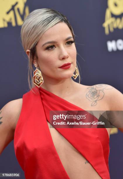 Singer Halsey attends the 2018 MTV Movie And TV Awards at Barker Hangar on June 16, 2018 in Santa Monica, California.