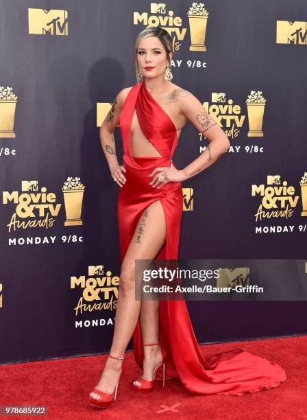 Singer Halsey attends the 2018 MTV Movie And TV Awards at Barker Hangar on June 16, 2018 in Santa Monica, California.