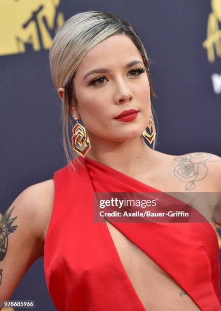 Singer Halsey attends the 2018 MTV Movie And TV Awards at Barker Hangar on June 16, 2018 in Santa Monica, California.