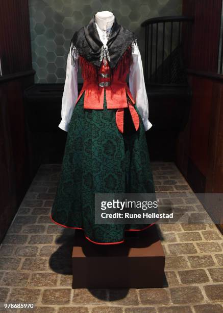 Norwegian national costume is seen during the opening of the exhibition 'Tradition And Inspiration. National Heritage In The Royal Collections' in...