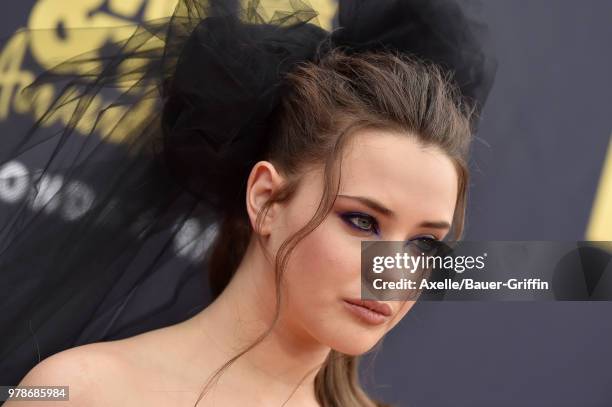 Actress Katherine Langford attends the 2018 MTV Movie And TV Awards at Barker Hangar on June 16, 2018 in Santa Monica, California.