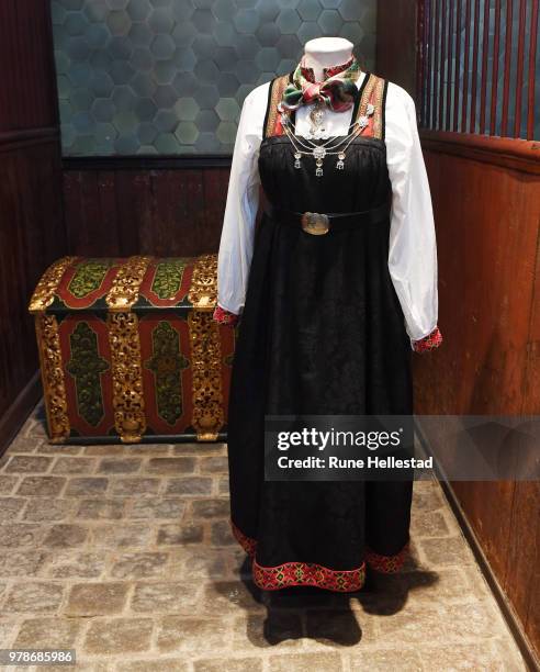 Norwegian national costume is seen during the opening of the exhibition 'Tradition And Inspiration. National Heritage In The Royal Collections' in...