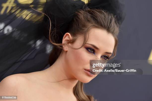 Actress Katherine Langford attends the 2018 MTV Movie And TV Awards at Barker Hangar on June 16, 2018 in Santa Monica, California.