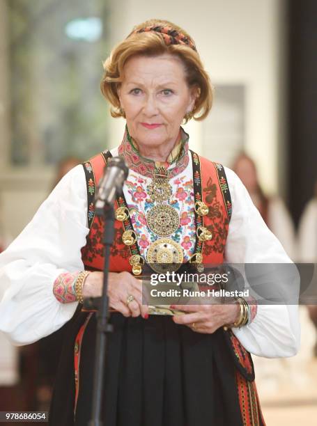 Queen Sonja is seen during the opening of the exhibition 'Tradition And Inspiration. National Heritage In The Royal Collections' in the Queen Sonja...