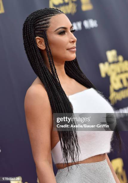 Personality Kim Kardashian attends the 2018 MTV Movie And TV Awards at Barker Hangar on June 16, 2018 in Santa Monica, California.