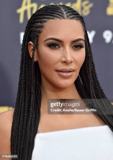 Personality Kim Kardashian attends the 2018 MTV Movie And TV Awards at Barker Hangar on June 16, 2018 in Santa Monica, California.