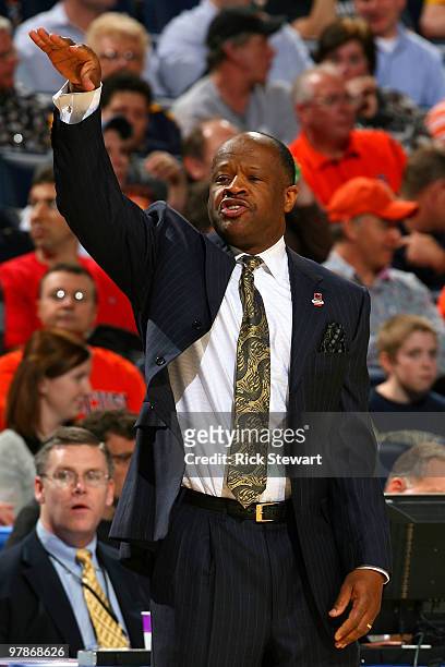 Head coach Mike Anderson of the Missouri Tigers gestures from the bench against the Clemson Tigers during the first round of the 2010 NCAA men's...