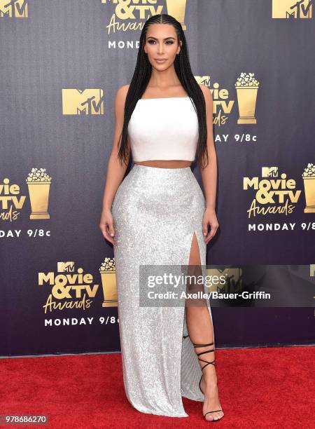 Personality Kim Kardashian attends the 2018 MTV Movie And TV Awards at Barker Hangar on June 16, 2018 in Santa Monica, California.