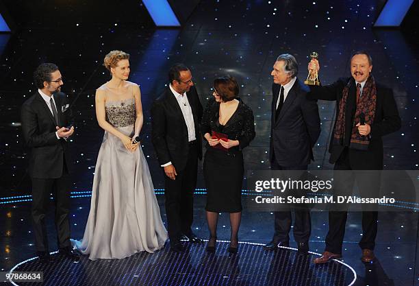 Beppe Fiorello, Andrea Osvart, Carlo Conti, Nicoletta Mantovani, Lando Buzzanca and Stefano Reali on March 18, 2010 in San Remo, Italy.