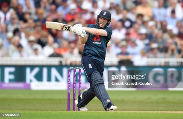 England captain Eoin Morgan hits out for six runs during the 3rd Royal London ODI match between England and Australia at Trent Bridge on June 19,...
