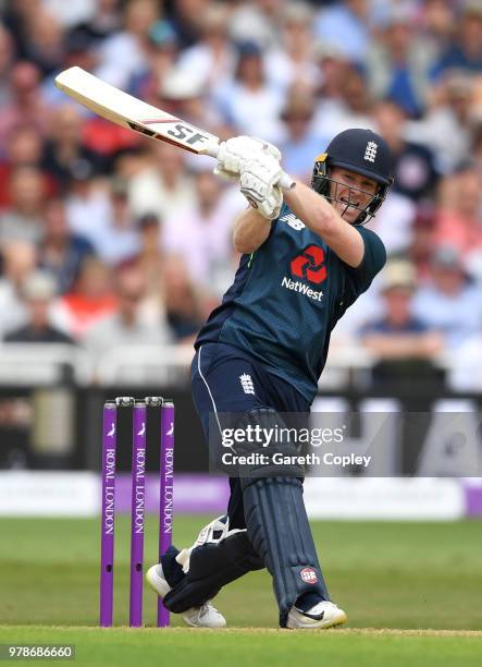 England captain Eoin Morgan hits out for six runs during the 3rd Royal London ODI match between England and Australia at Trent Bridge on June 19,...