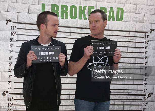Aaron Paul and Bryan Cranston attend the "Breaking Bad" National RV Tour final stop at Military Island, Times Square on March 19, 2010 in New York...