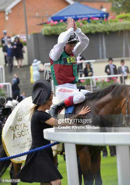 Frankie Dettori celebrates after riding Without Parole to win The St James's Palace Stakes on day 1 of Royal Ascot at Ascot Racecourse on June 19,...