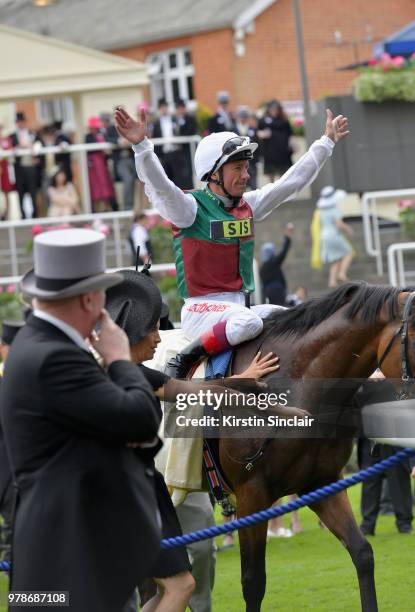 Frankie Dettori celebrates after riding Without Parole to win The St James's Palace Stakes on day 1 of Royal Ascot at Ascot Racecourse on June 19,...