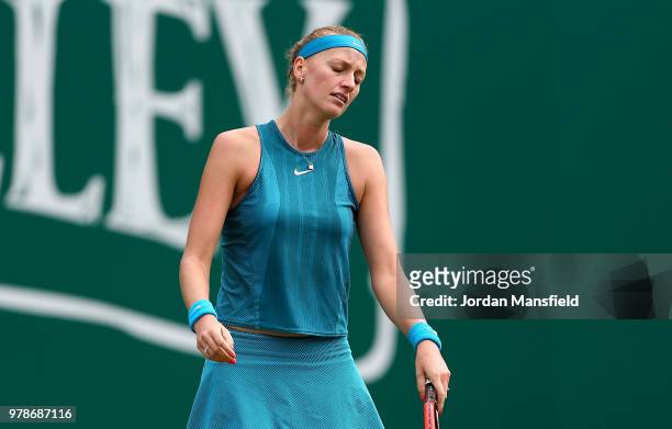 Petra Kvitova of The Czech Republic reacts during her first round match against Johanna Konta of Great Britain on Day Four of the Nature Valley...