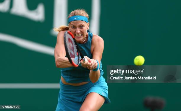 Petra Kvitova of The Czech Republic plays a backhand during her first round match against Johanna Konta of Great Britain on Day Four of the Nature...