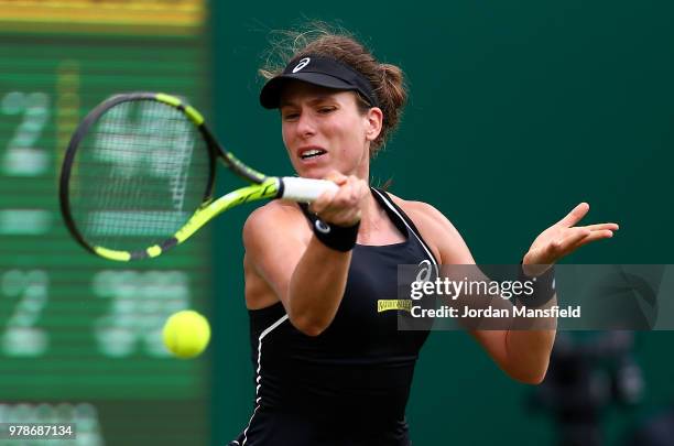 Johanna Konta of Great Britain plays a forehand during her first round match against Petra Kvitova of The Czech Rupublic on Day Four of the Nature...