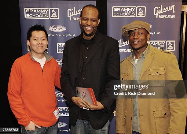 Grammy award winning Engineer Phil Tan, Radio Consultant Terry Bell and Recording Artist Calvin Richardson attend GRAMMY Career Day 2010 at the...