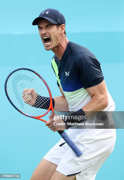 Andy Murray of Great Britain celebrates winning a point during his match against Nick Kyrgios of Australia on Day Two of the Fever-Tree Championships...