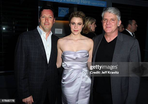 Focus Features' Andrew Karpen, actress Greta Gerwig and Focus Features' John Lyons arrive at the premiere of "Greenberg" presented by Focus Features...