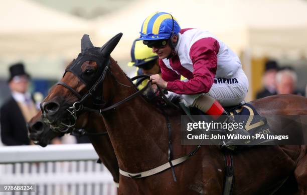 Lagostovegas ridden by jockey Andrea Atzeni wins the Ascot Stakes from Dubawi Fifty ridden by Silvestre De Sousa during day one of Royal Ascot at...