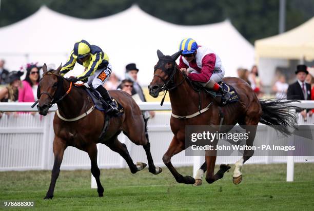 Lagostovegas ridden by jockey Andrea Atzeni wins the Ascot Stakes from Dubawi Fifty ridden by Silvestre De Sousa during day one of Royal Ascot at...