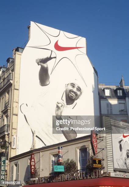 American tennis player Andre Agassi features in a Nike advertisement on the side of a building in Paris during the French Open Tennis Championships...