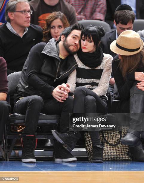 Pete Wentz and Ashlee Simpson Wentz attend the Washington Wizards vs. New York Knicks basketball game at Madison Square Garden on February 3, 2010 in...