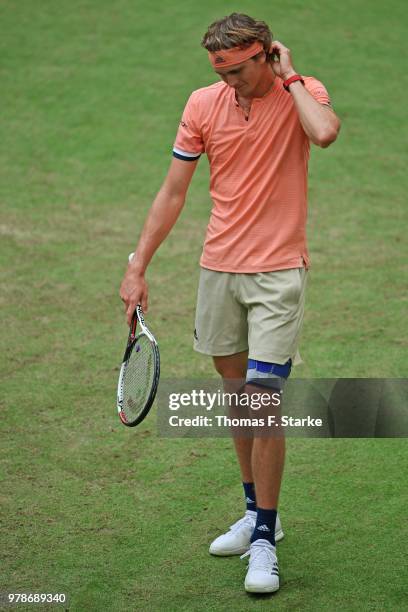 Alexander Zverev of Germany looks dejected in his match against Borna Coric of Croatia during day two of the Gerry Weber Open at Gerry Weber Stadium...