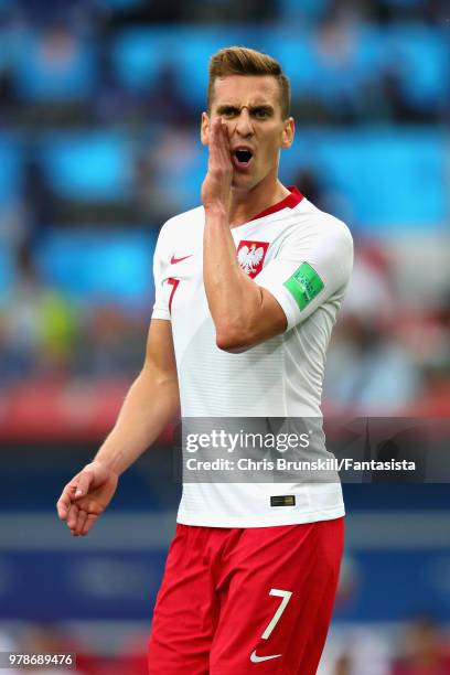 Arkadiusz Milik of Poland shouts at his teammates during the 2018 FIFA World Cup Russia group H match between Poland and Senegal at Spartak Stadium...