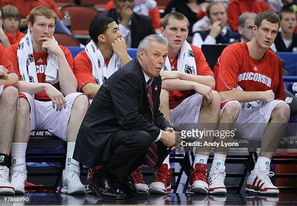 Bo Ryan head coach of the Wisconsin Badgers watches from the sideline against the Wofford Terriers during the first round of the 2010 NCAA men's...