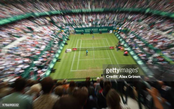 Roger Federer of Switzerland in action during his first round match against ljaz Bedene of Slovenia during day 2 of the Gerry Weber Open at Gerry...