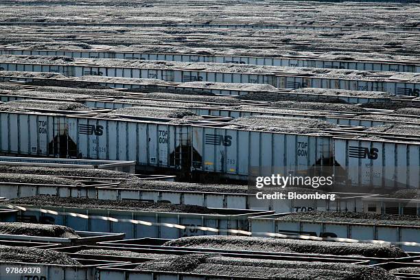 Norfolk Southern Corp. Rail cars filled with coal sit in the holding yard of the Lamberts Point coal transloading facility in Norfolk, Virginia,...