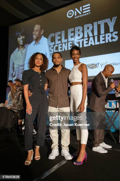 Chaley Rose, Tristan "Mack Wilds and Fedna Jacquet on stage during the American Black Film Festival - Celebrity Scene Stealers Presented By TV One at...