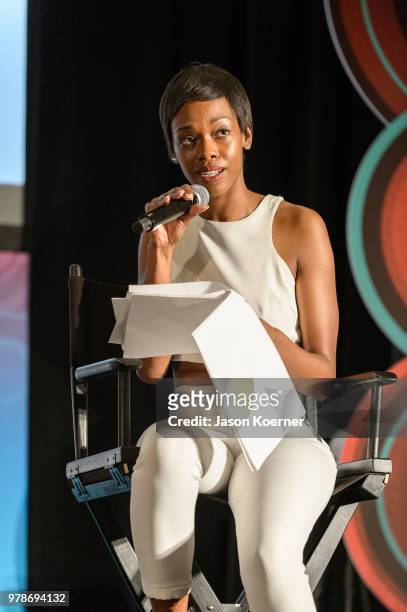 Fedna Jacquet speaks on stage during the American Black Film Festival - Celebrity Scene Stealers Presented By TV One at Loews Miami Beach Hotel on...